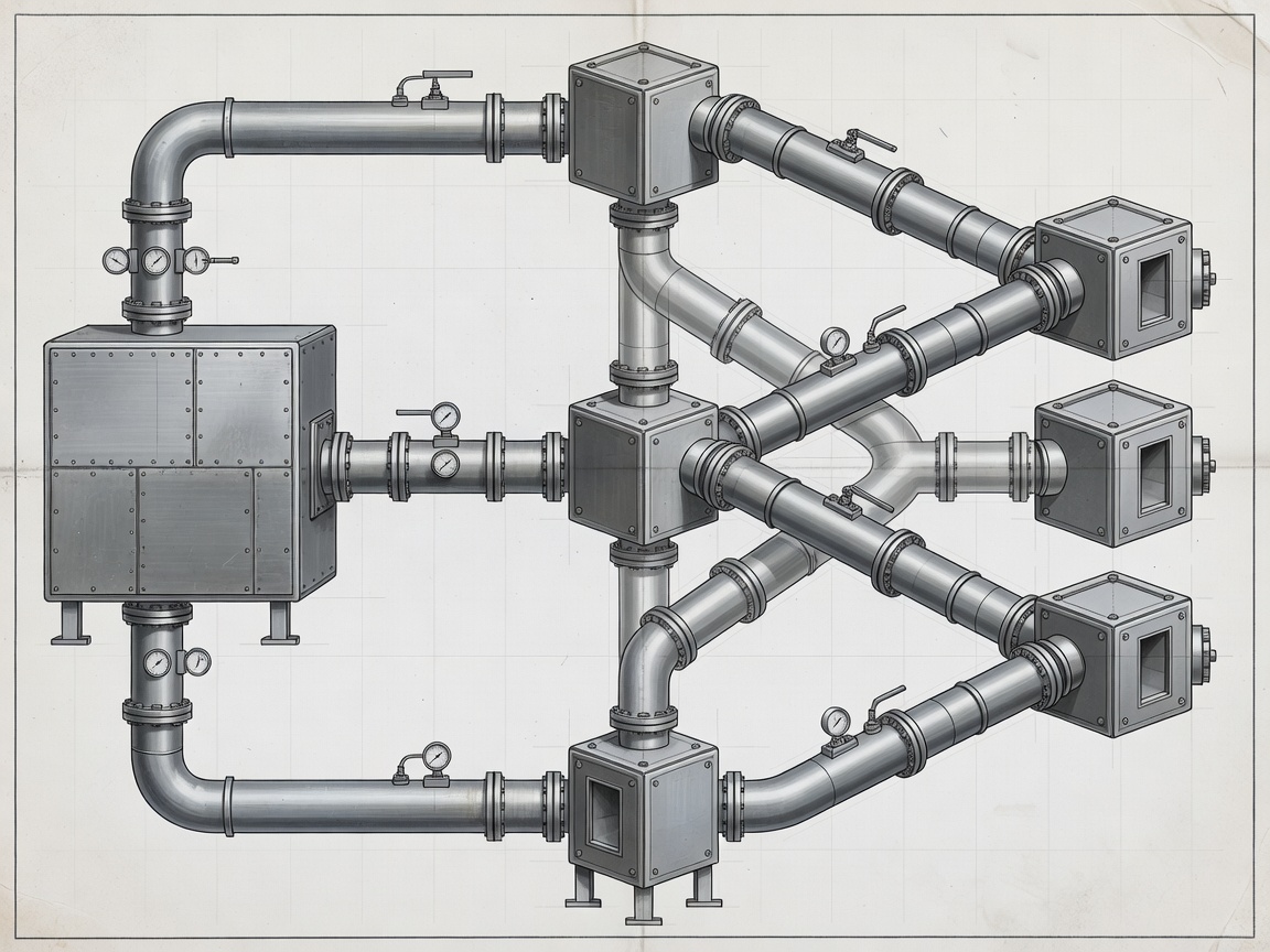 Industrial modular assembly diagram denoting deterministic workflow pipelines