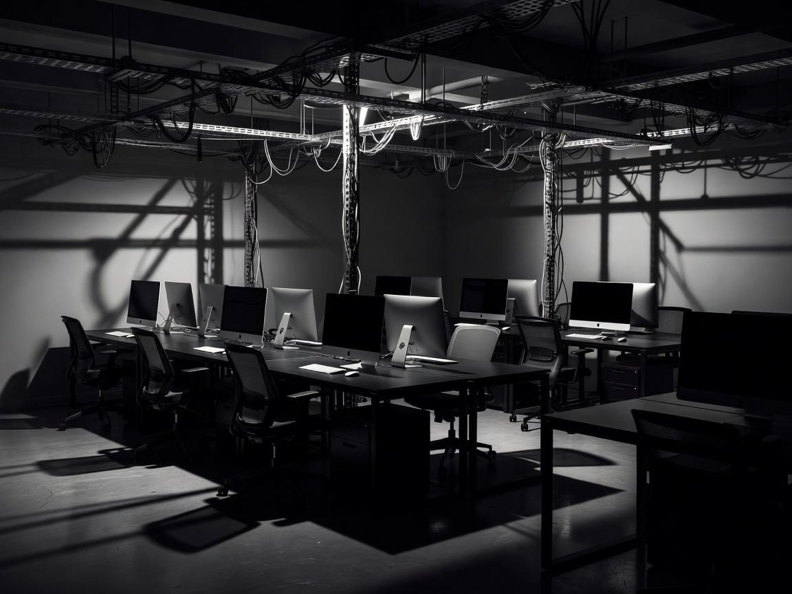 Monochromatic office interior with high contrast shadows representing enterprise deployment